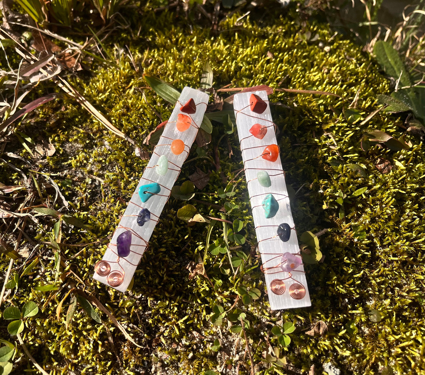 hand-wrapped copper chakra selenite wands