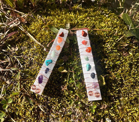 hand-wrapped copper chakra selenite wands